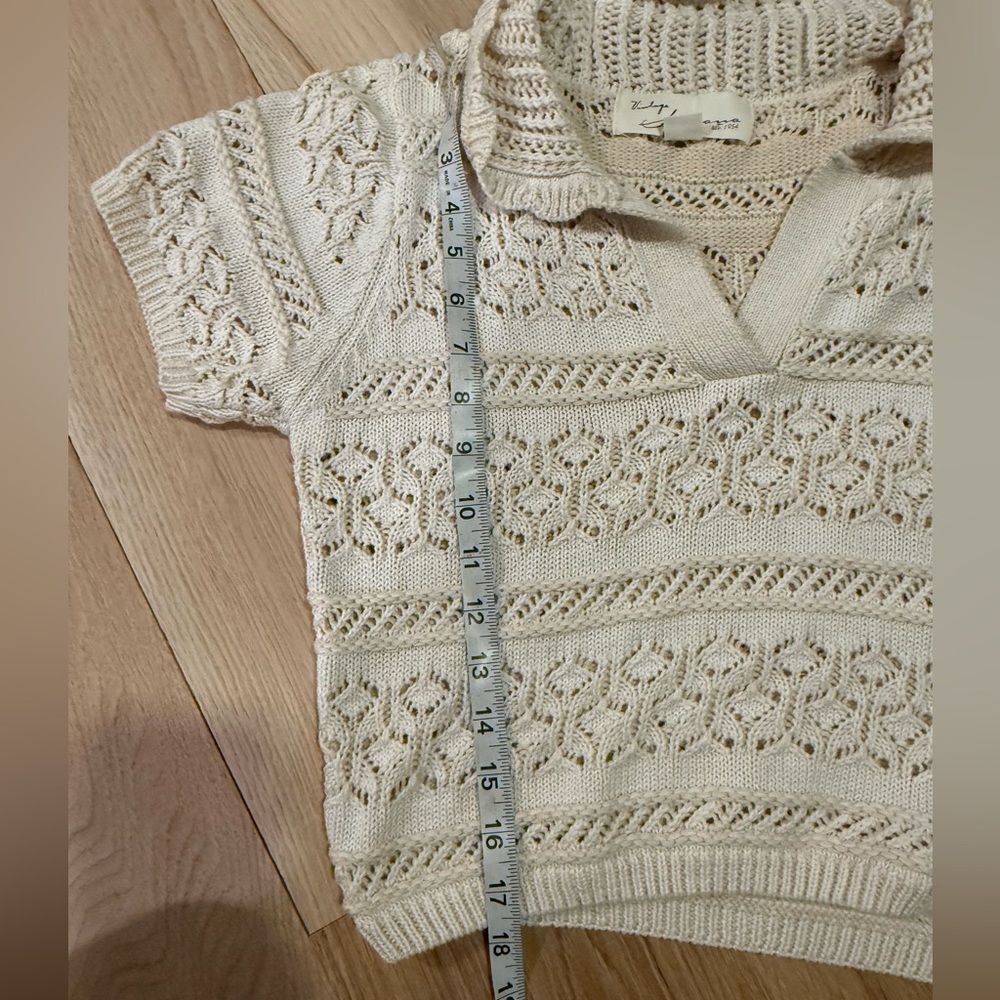 Saks Crochet Pointelle Knit Short Sleeve Sweater Crop Top Polo Shirt Cream White - Picture 5 of 6